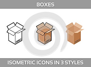 Simple Set ofÂ Isometric packaging boxes Vector 3DÂ Icons. Color isometric icons in three styles. Cardboard boxes